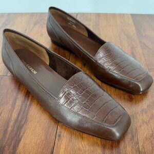 VTG Enzo Angiolini Liberty Brown Leather Croc Square Toe Flats EUC 10.5 Brazil